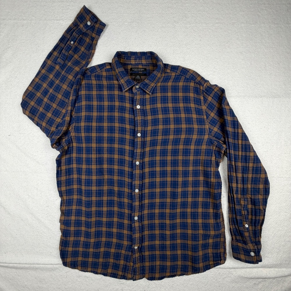 Banana Republic Mens XL Blue Brown Plaid Organic Cotton Untucked Standard Fit